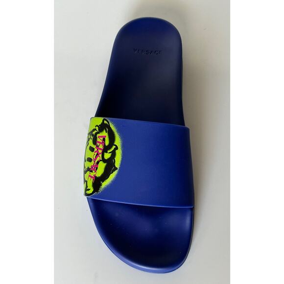 Versace Smiley Medusa Slides Sandals Blue/Lime 11 US (44 Eu) DSU6516 IT NIB $450 - Picture 4 of 13